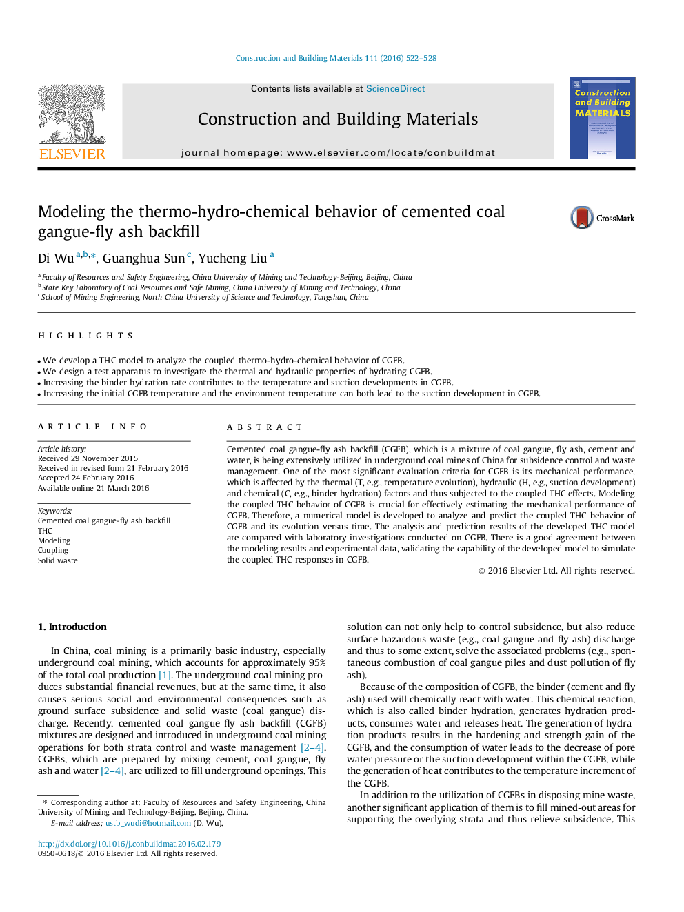 Modeling the thermo-hydro-chemical behavior of cemented coal gangue-fly ash backfill