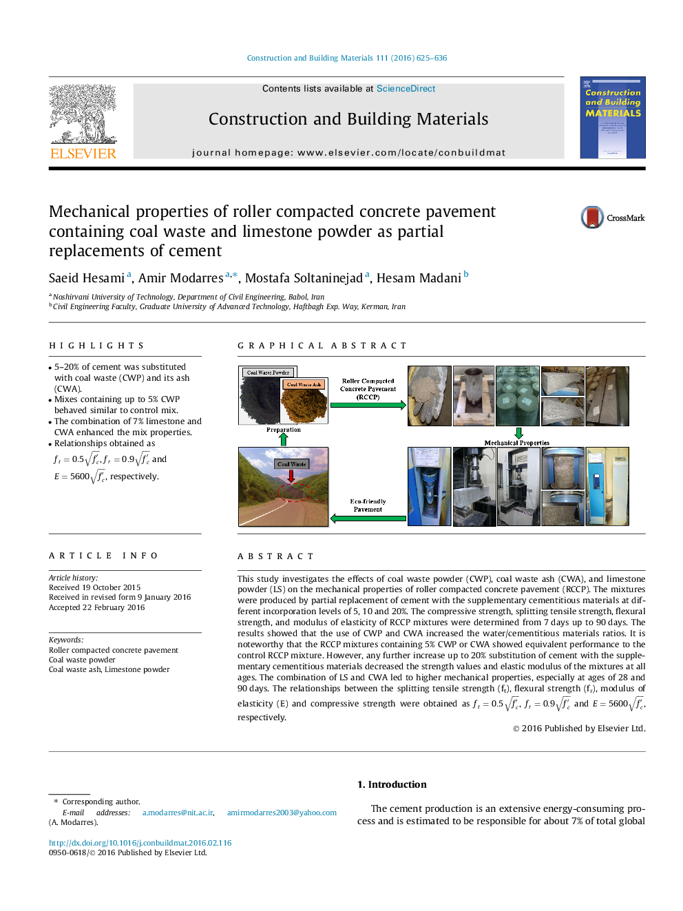 Mechanical properties of roller compacted concrete pavement containing coal waste and limestone powder as partial replacements of cement