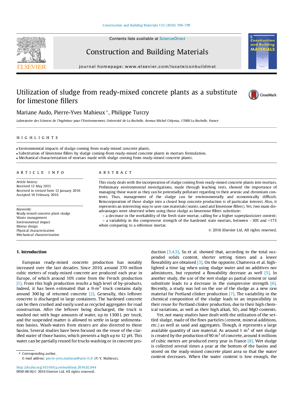 Utilization of sludge from ready-mixed concrete plants as a substitute for limestone fillers