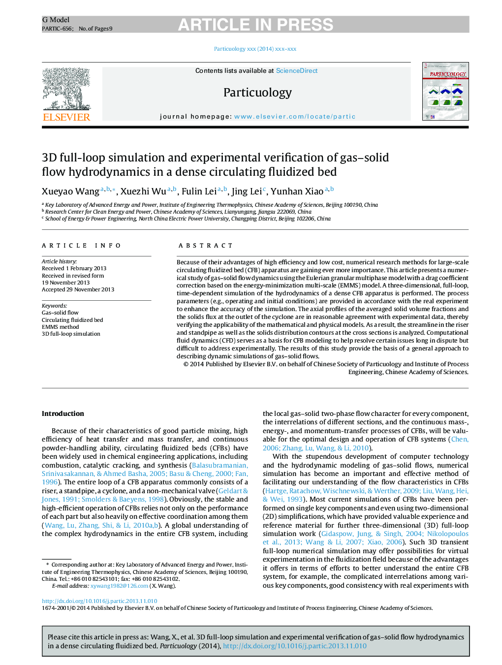 3D full-loop simulation and experimental verification of gas-solid flow hydrodynamics in a dense circulating fluidized bed