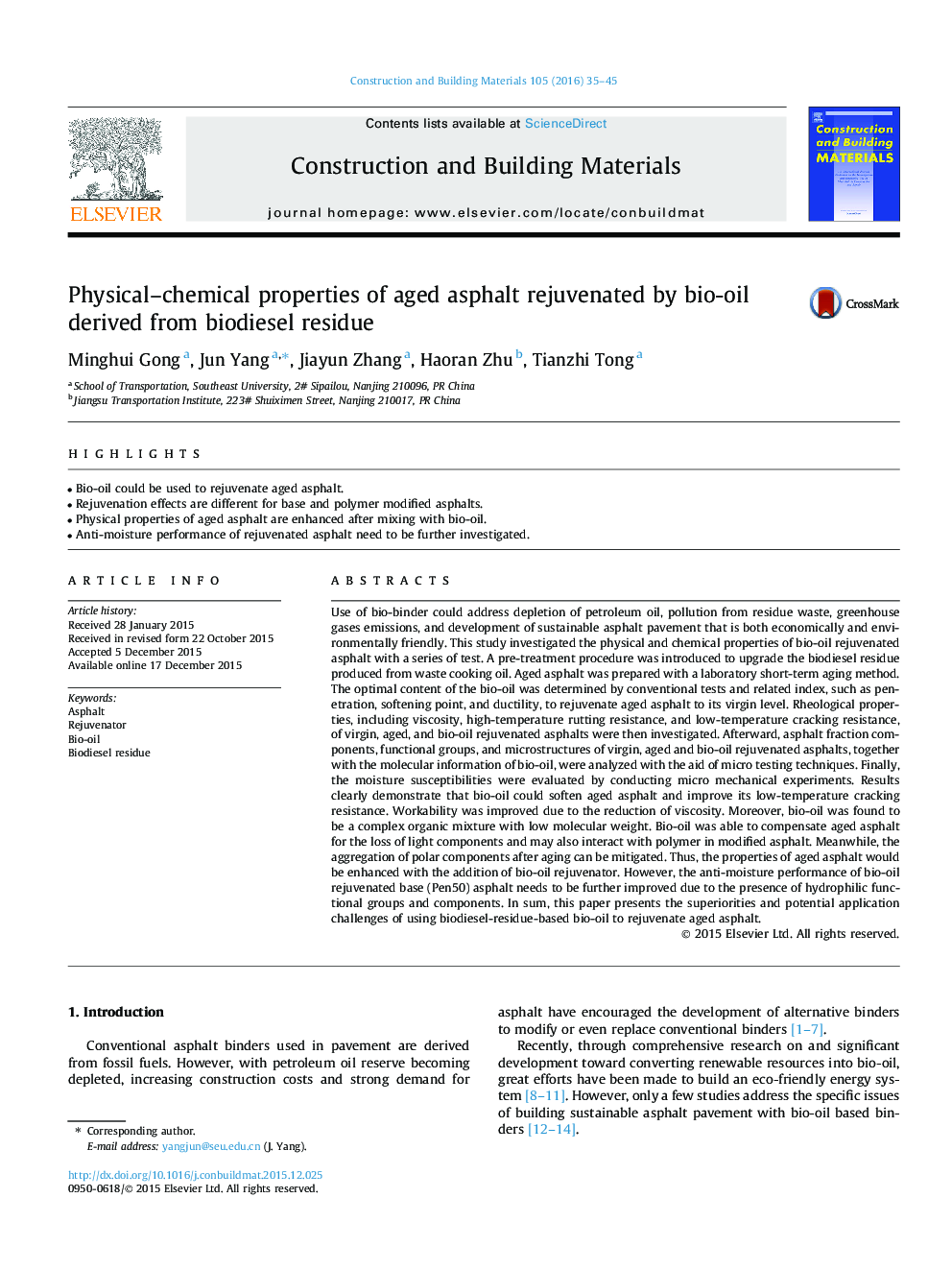 Physical-chemical properties of aged asphalt rejuvenated by bio-oil derived from biodiesel residue