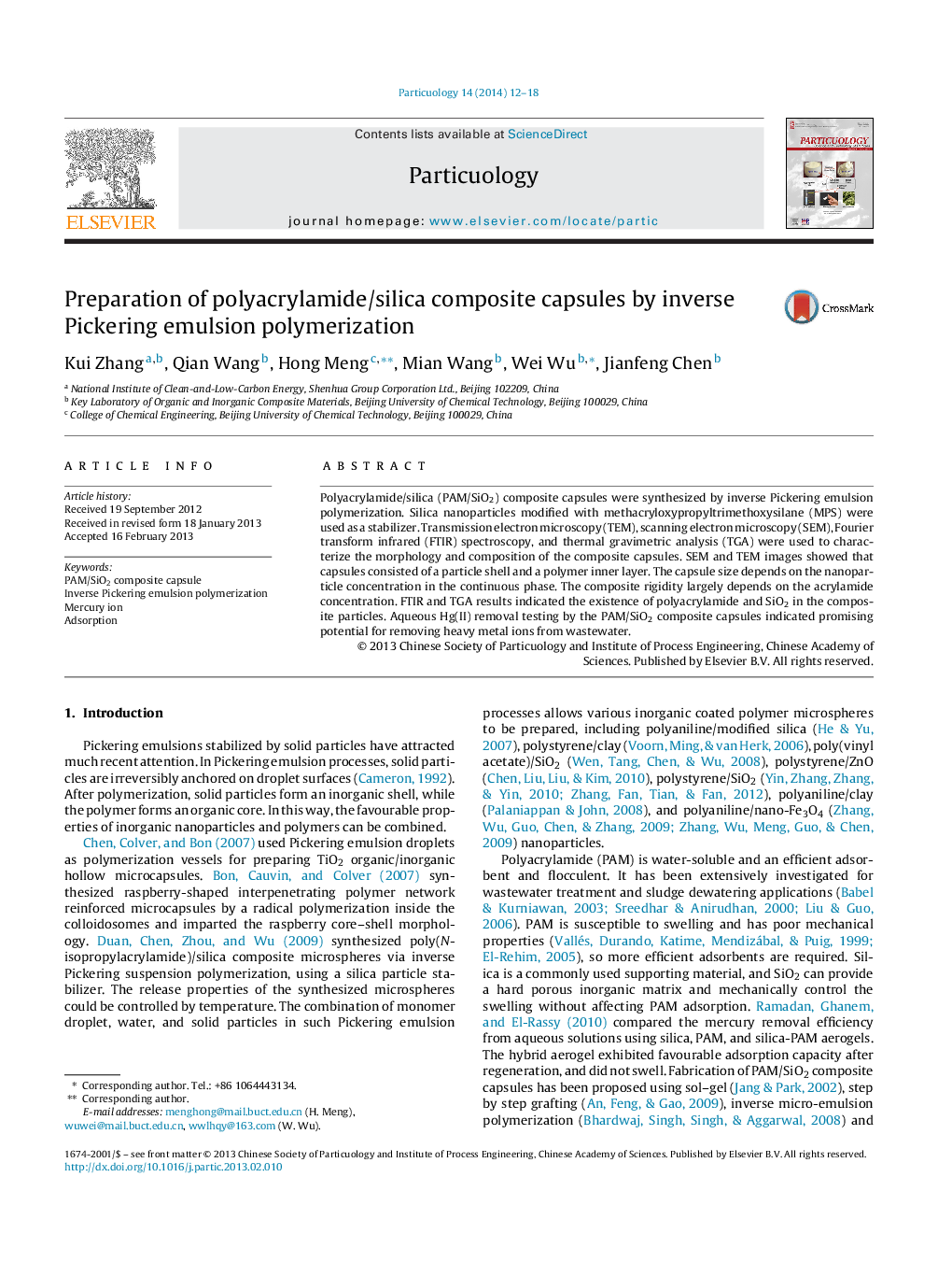 Preparation of polyacrylamide/silica composite capsules by inverse Pickering emulsion polymerization