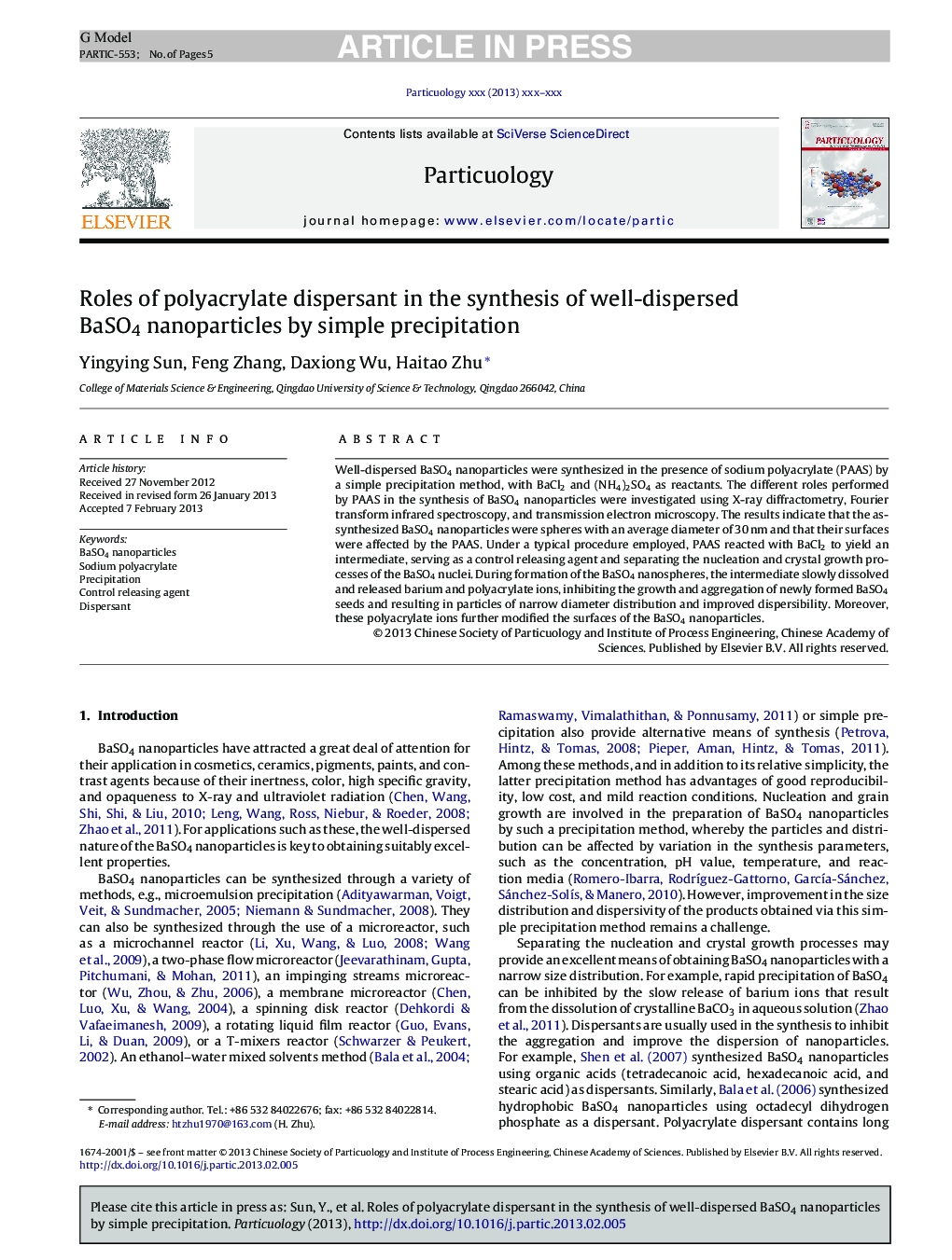 Roles of polyacrylate dispersant in the synthesis of well-dispersed BaSO4 nanoparticles by simple precipitation