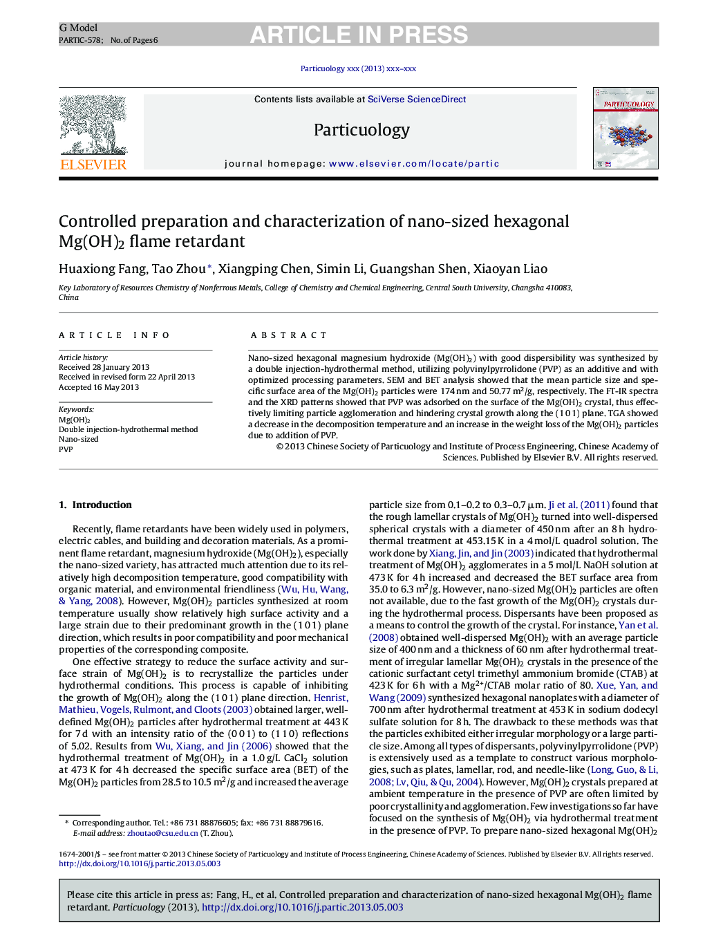 Controlled preparation and characterization of nano-sized hexagonal Mg(OH)2 flame retardant