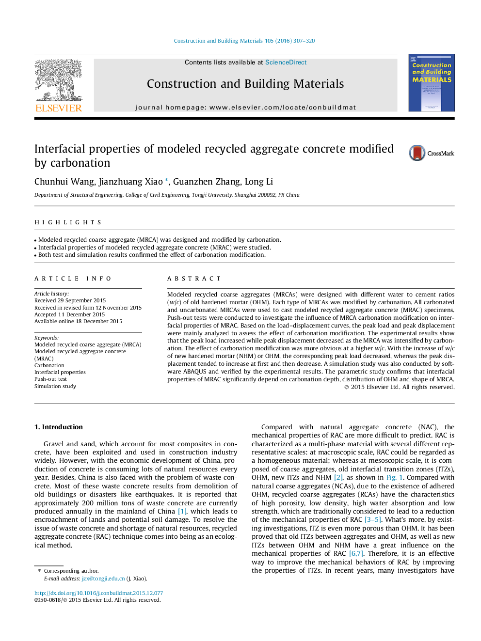 Interfacial properties of modeled recycled aggregate concrete modified by carbonation