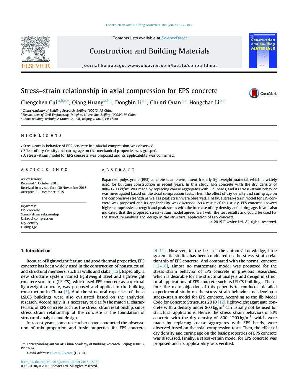 Stress-strain relationship in axial compression for EPS concrete