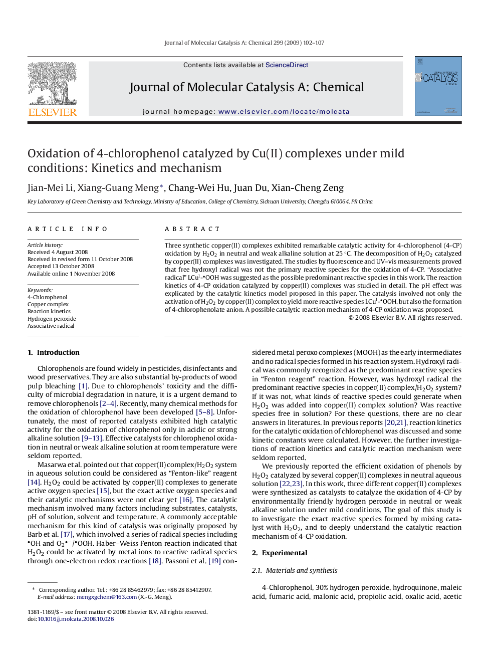 عکس صفحه اول مقاله: Oxidation of 4-chlorophenol catalyzed by Cu(II) complexes under mild conditions: Kinetics and mechanism Oxidation of 4-chlorophenol catalyzed by Cu(II) complexes under mild conditions: Kinetics and mechanism