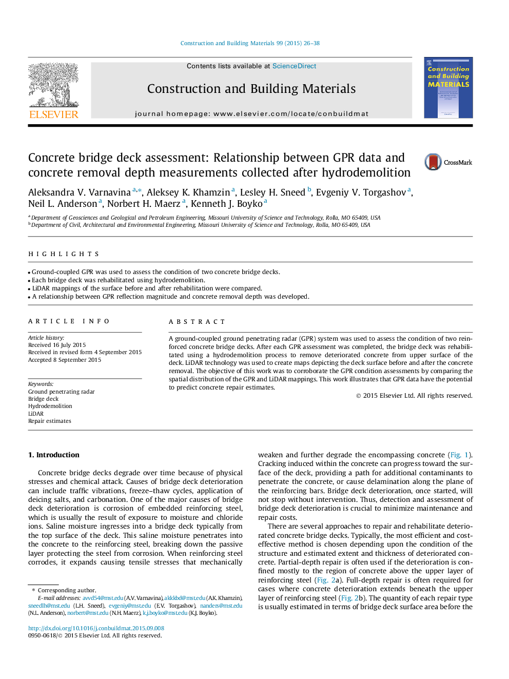 Concrete bridge deck assessment: Relationship between GPR data and concrete removal depth measurements collected after hydrodemolition