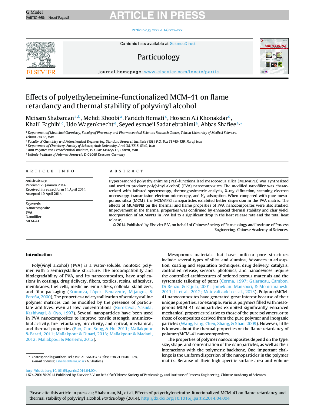 Effects of polyethyleneimine-functionalized MCM-41 on flame retardancy and thermal stability of polyvinyl alcohol