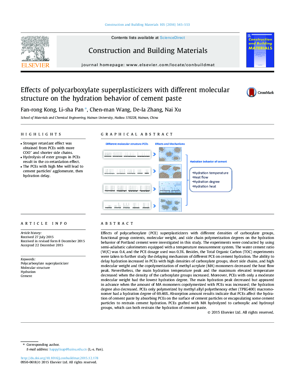 Effects of polycarboxylate superplasticizers with different molecular structure on the hydration behavior of cement paste