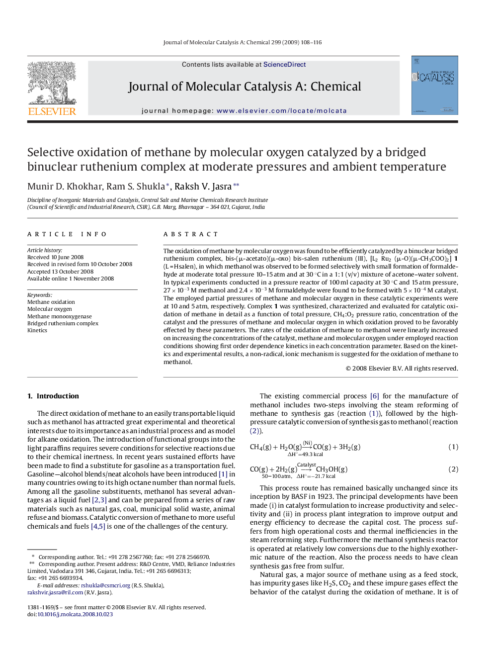 Selective oxidation of methane by molecular oxygen catalyzed by a bridged binuclear ruthenium complex at moderate pressures and ambient temperature