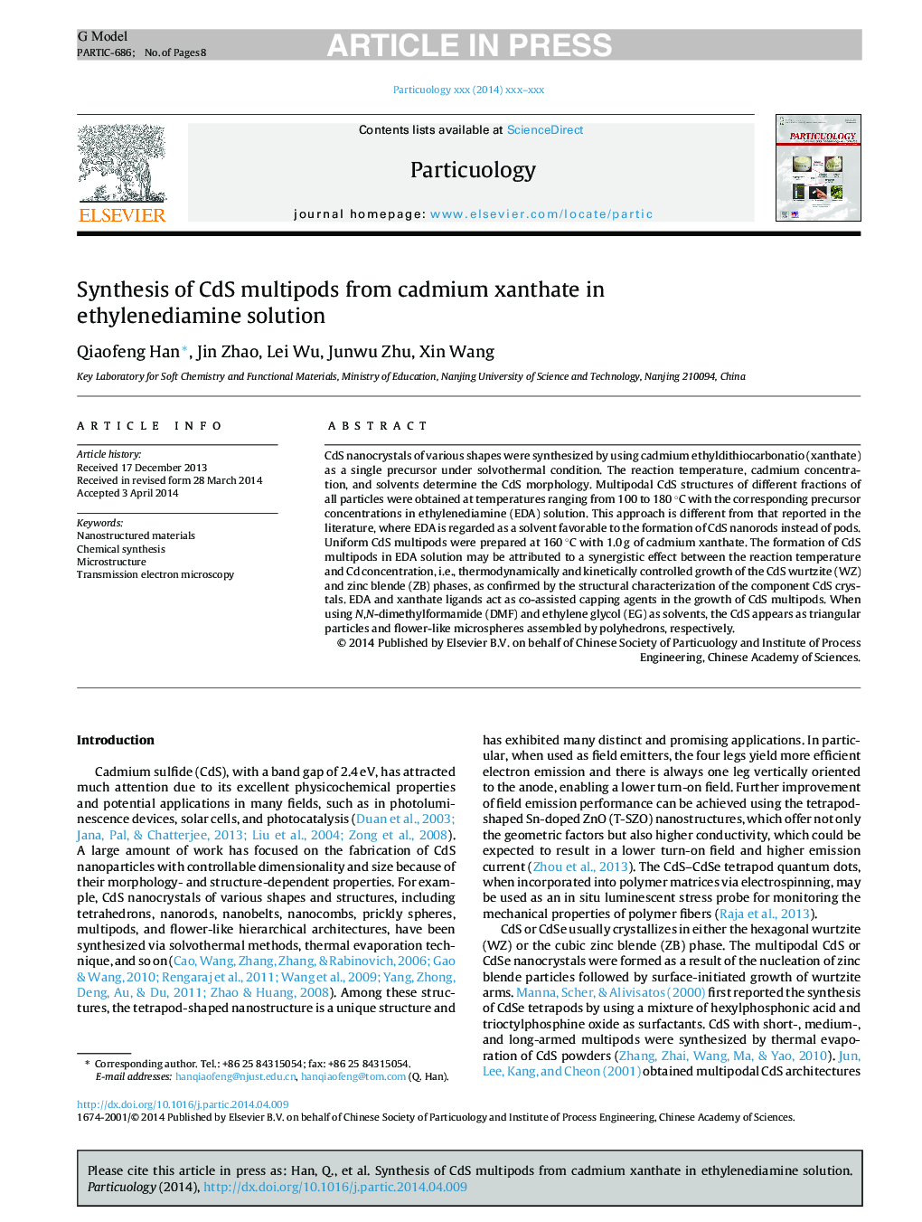 Synthesis of CdS multipods from cadmium xanthate in ethylenediamine solution
