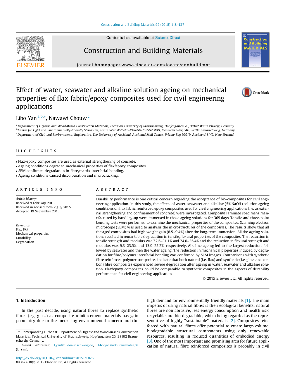 Effect of water, seawater and alkaline solution ageing on mechanical properties of flax fabric/epoxy composites used for civil engineering applications