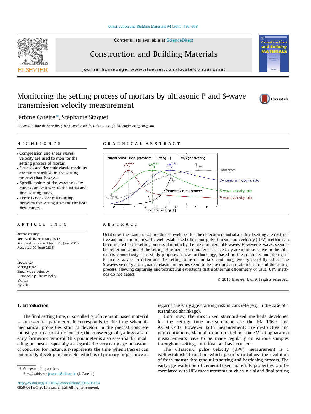 Monitoring the setting process of mortars by ultrasonic P and S-wave transmission velocity measurement