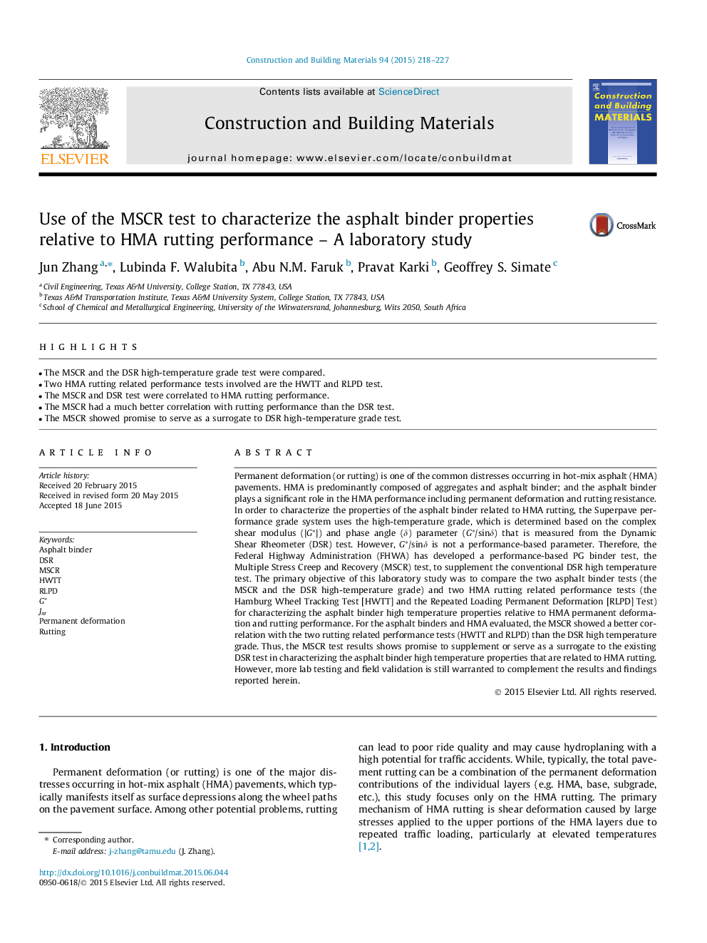 Use of the MSCR test to characterize the asphalt binder properties relative to HMA rutting performance - A laboratory study