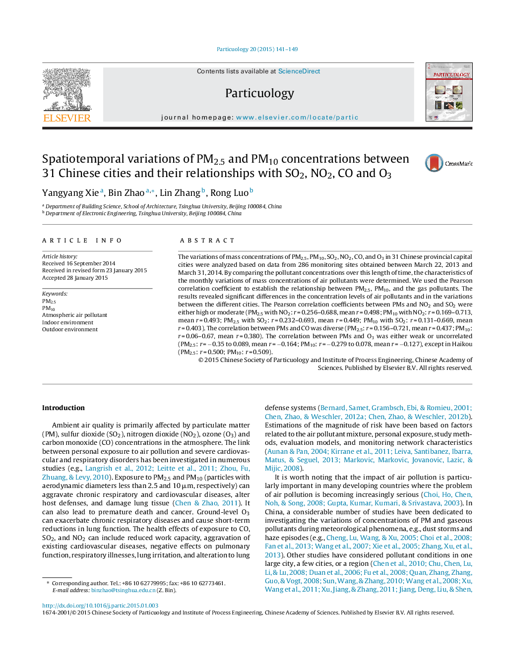 Spatiotemporal variations of PM2.5 and PM10 concentrations between 31 Chinese cities and their relationships with SO2, NO2, CO and O3