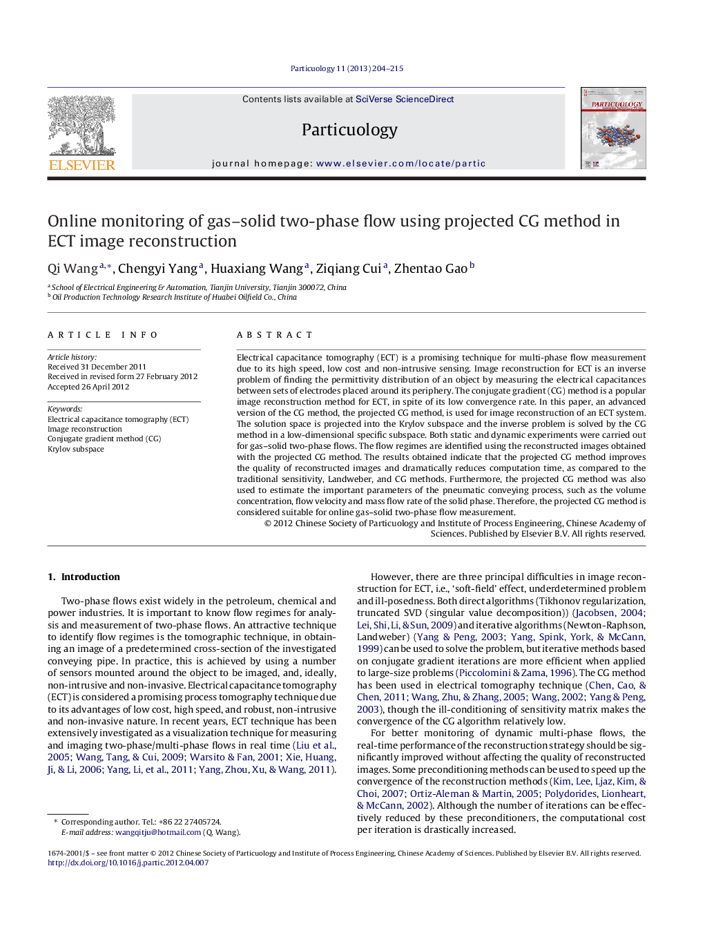 Online monitoring of gas-solid two-phase flow using projected CG method in ECT image reconstruction