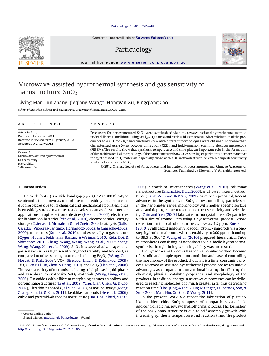 عکس صفحه اول مقاله: Microwave-assisted hydrothermal synthesis and gas sensitivity of nanostructured SnO2 Microwave-assisted hydrothermal synthesis and gas sensitivity of nanostructured SnO2