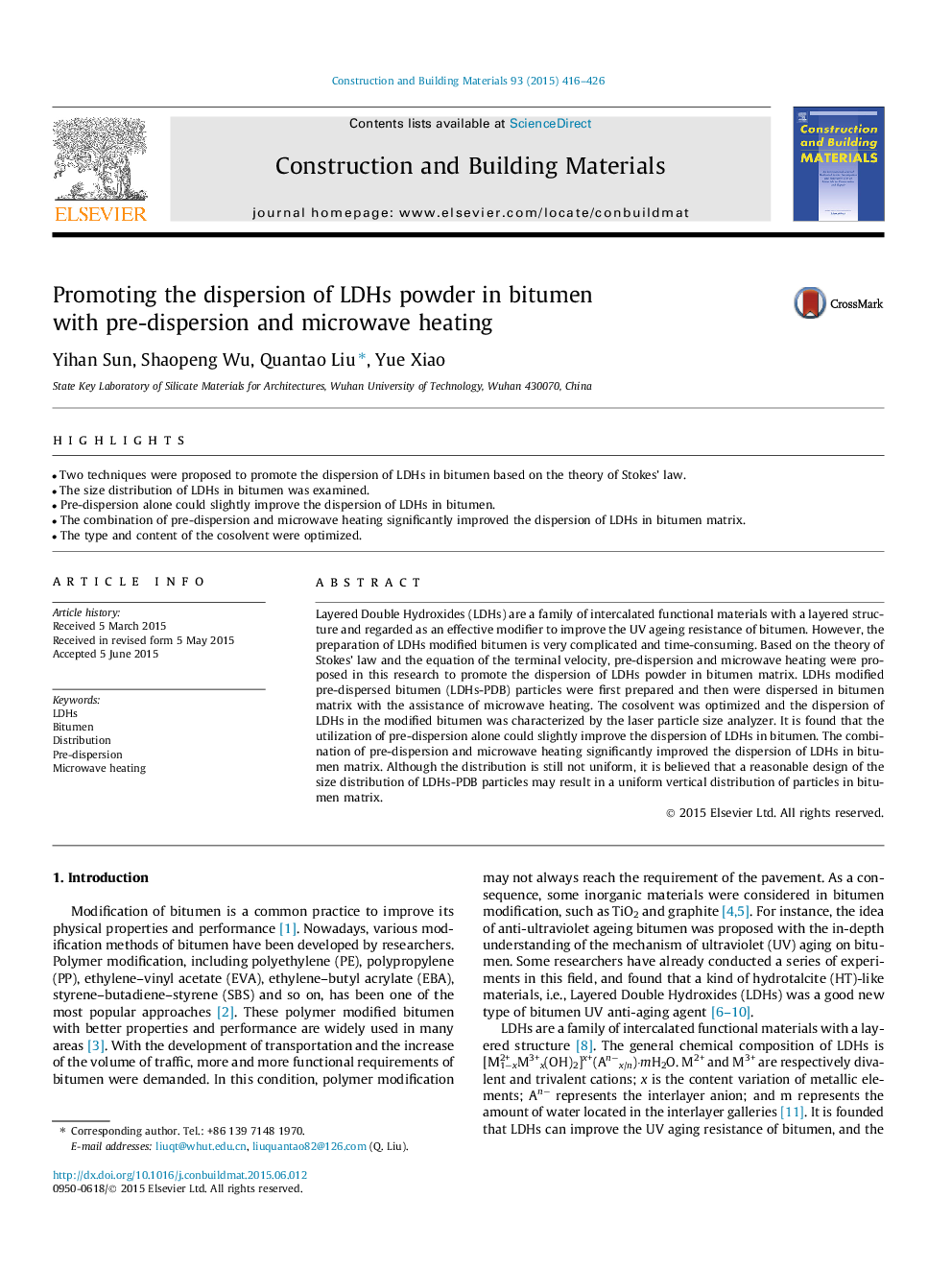 Promoting the dispersion of LDHs powder in bitumen with pre-dispersion and microwave heating