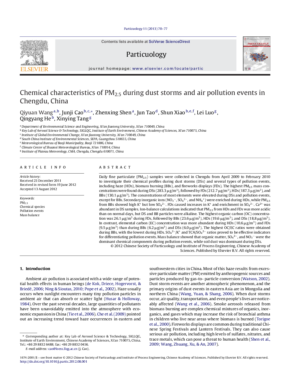 Chemical characteristics of PM2.5 during dust storms and air pollution events in Chengdu, China