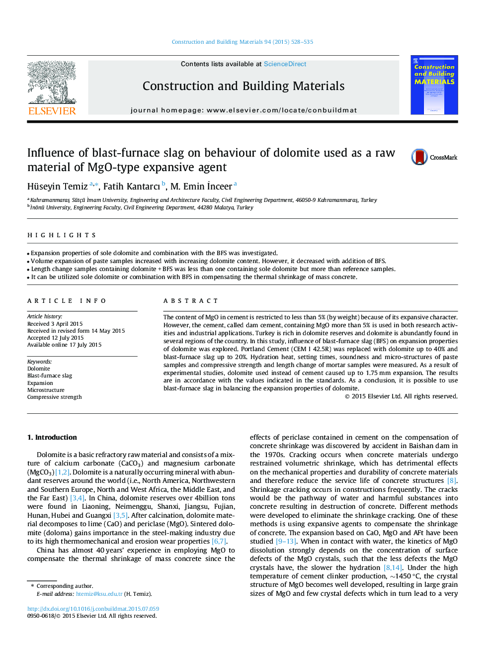 Influence of blast-furnace slag on behaviour of dolomite used as a raw material of MgO-type expansive agent