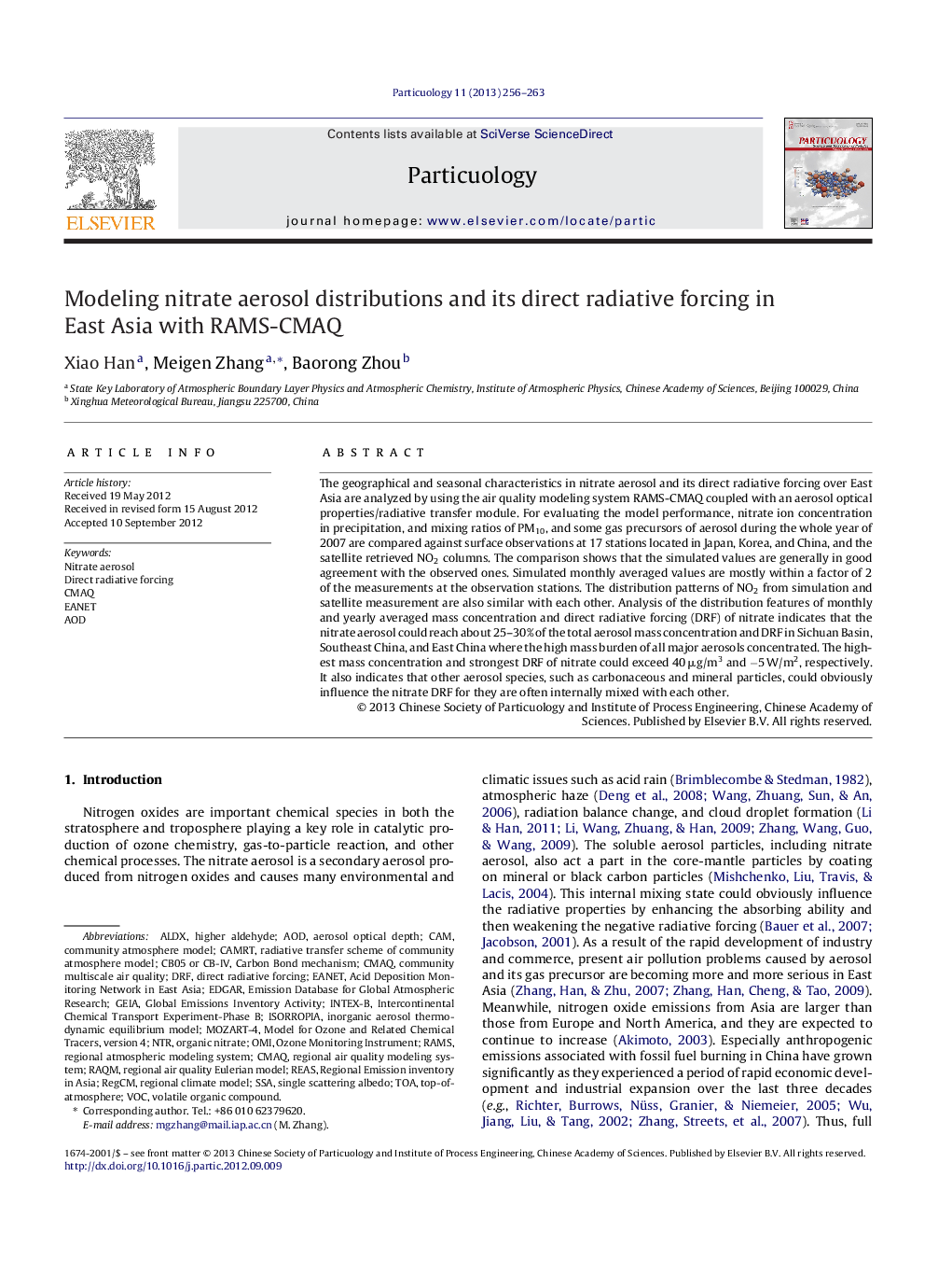 Modeling nitrate aerosol distributions and its direct radiative forcing in East Asia with RAMS-CMAQ