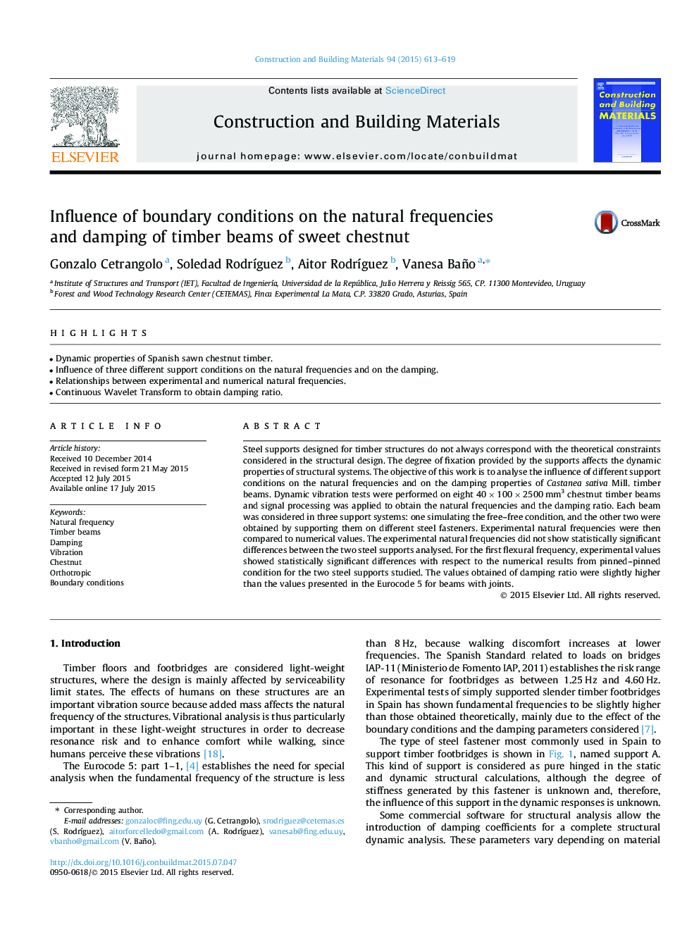 Influence of boundary conditions on the natural frequencies and damping of timber beams of sweet chestnut