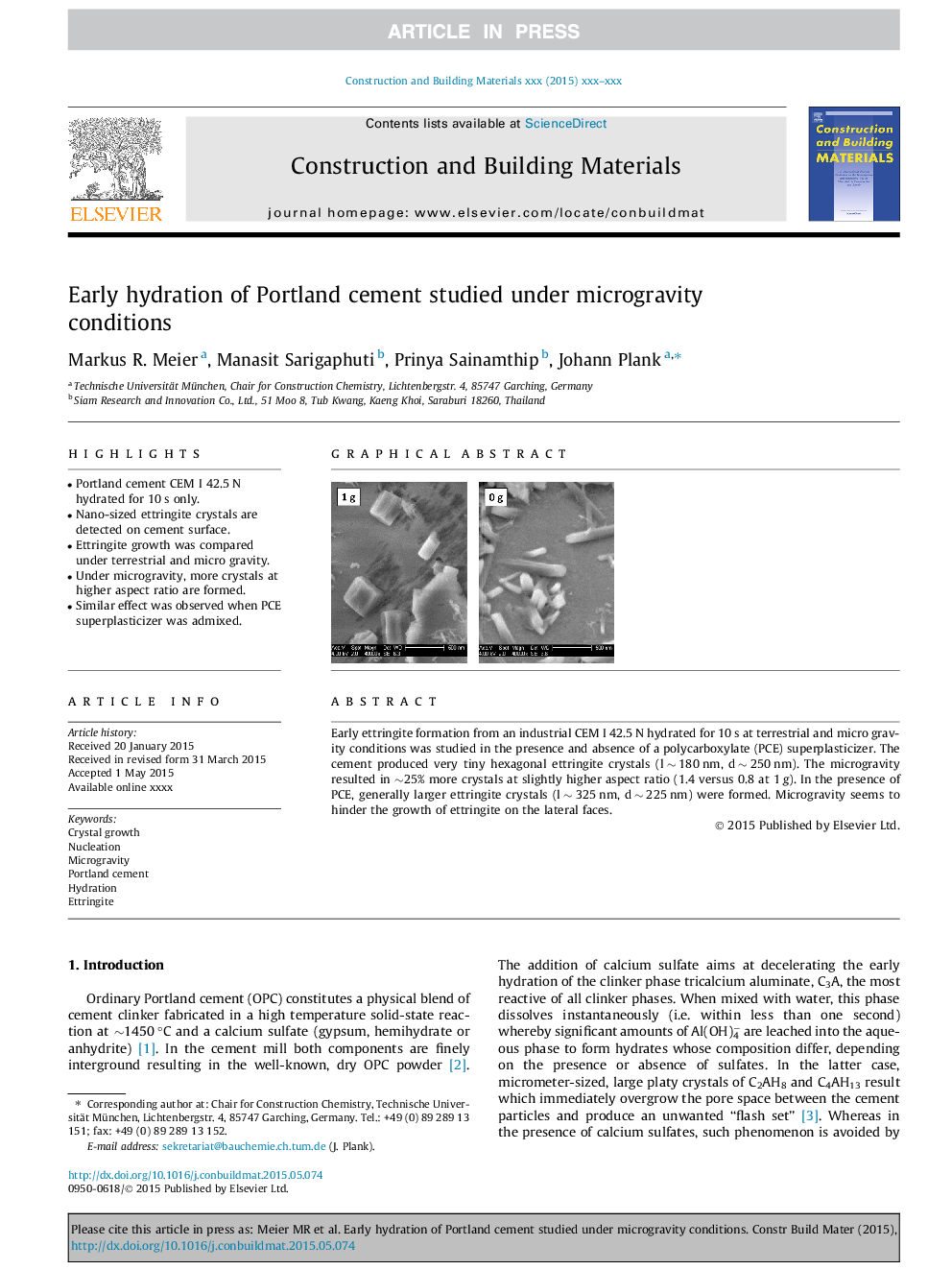 Early hydration of Portland cement studied under microgravity conditions