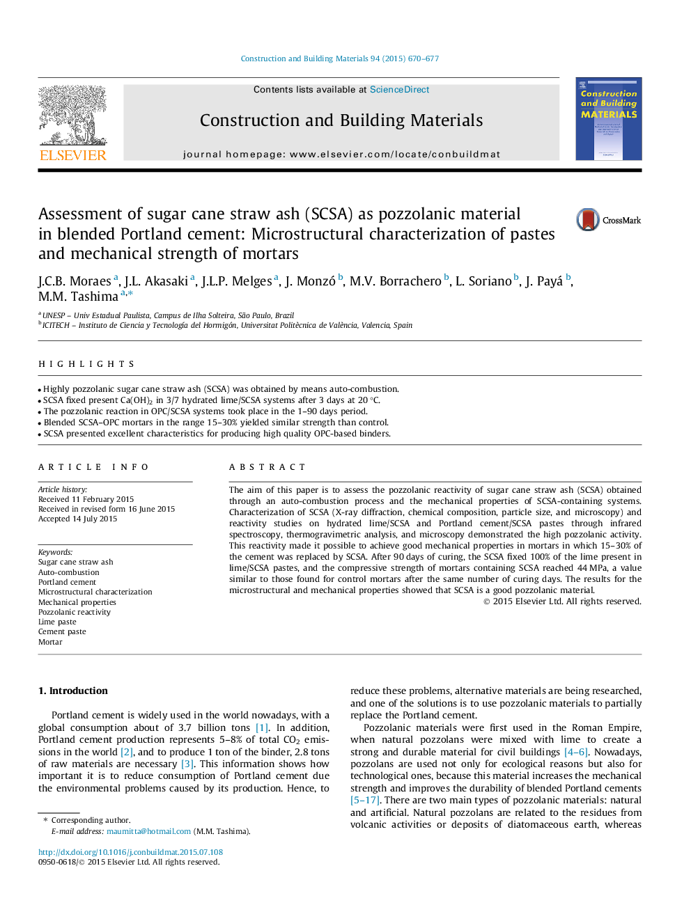 Assessment of sugar cane straw ash (SCSA) as pozzolanic material in blended Portland cement: Microstructural characterization of pastes and mechanical strength of mortars