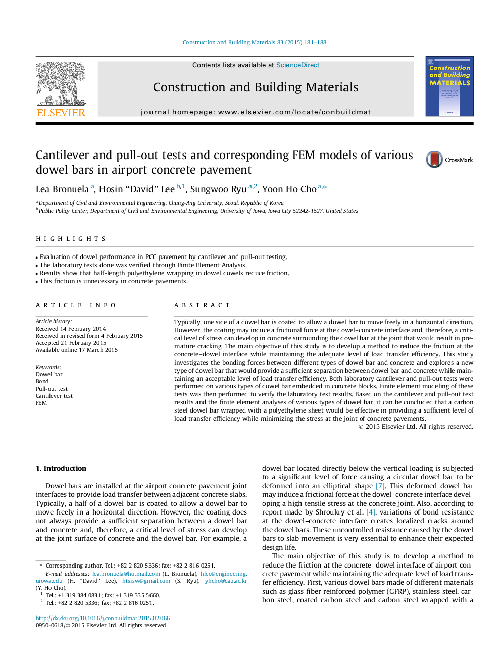 Cantilever and pull-out tests and corresponding FEM models of various dowel bars in airport concrete pavement