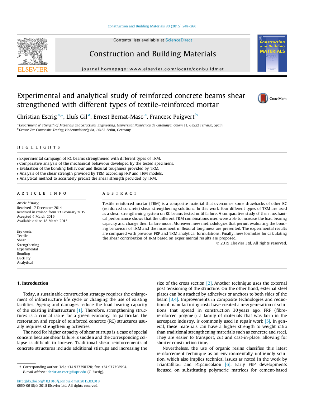 Experimental and analytical study of reinforced concrete beams shear strengthened with different types of textile-reinforced mortar