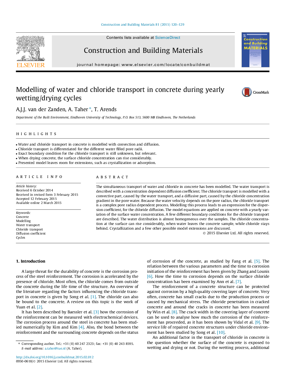 Modelling of water and chloride transport in concrete during yearly wetting/drying cycles