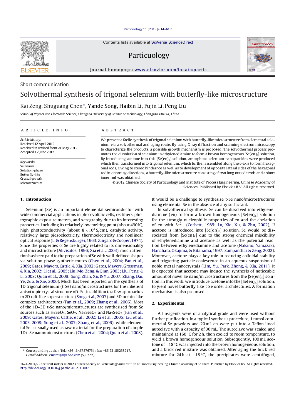 Solvothermal synthesis of trigonal selenium with butterfly-like microstructure