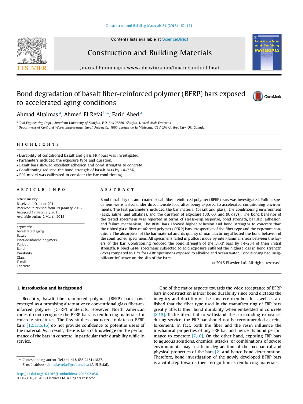 Bond degradation of basalt fiber-reinforced polymer (BFRP) bars exposed to accelerated aging conditions