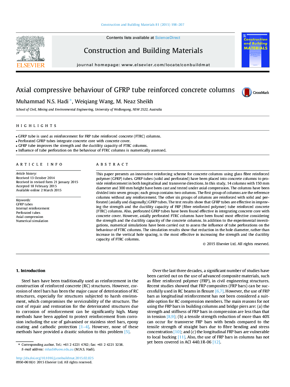 Axial compressive behaviour of GFRP tube reinforced concrete columns