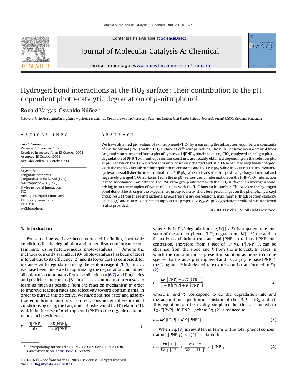 Hydrogen bond interactions at the TiO2 surface: Their contribution to the pH dependent photo-catalytic degradation of p-nitrophenol