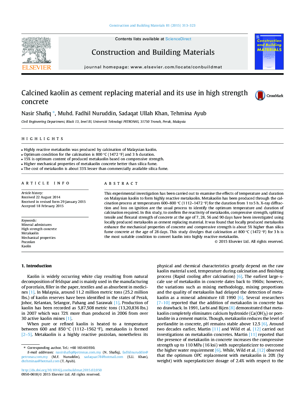 Calcined kaolin as cement replacing material and its use in high strength concrete