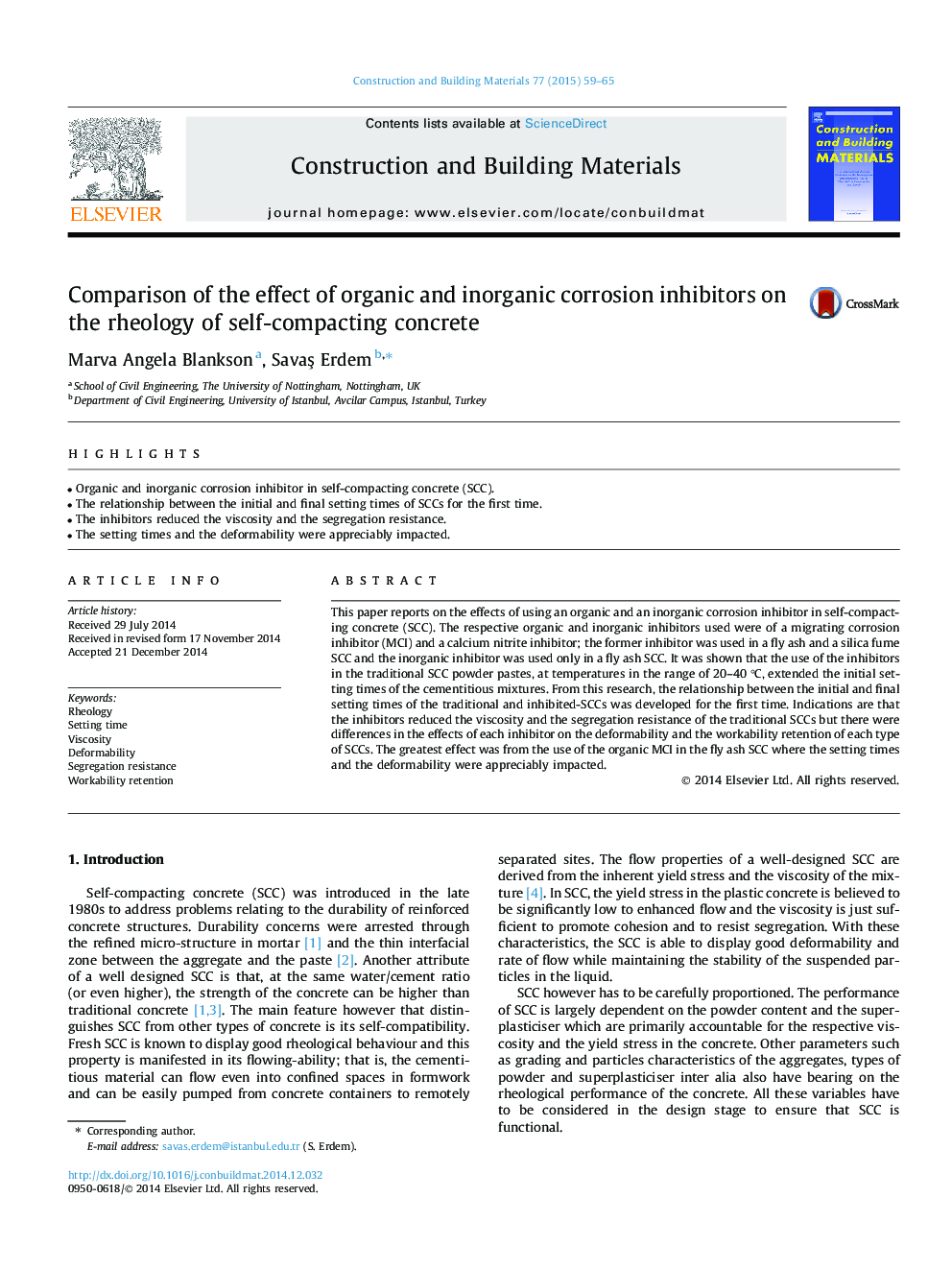 Comparison of the effect of organic and inorganic corrosion inhibitors on the rheology of self-compacting concrete