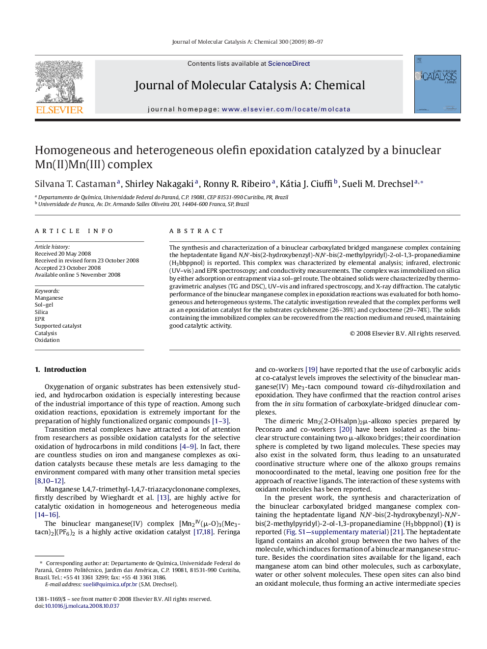 Homogeneous and heterogeneous olefin epoxidation catalyzed by a binuclear Mn(II)Mn(III) complex