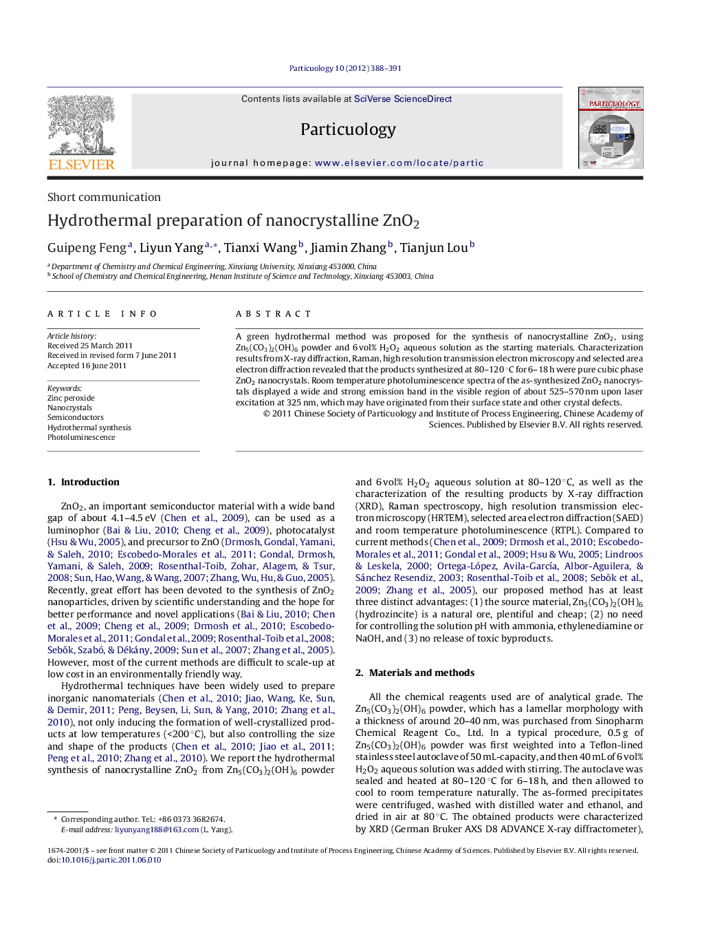 Hydrothermal preparation of nanocrystalline ZnO2