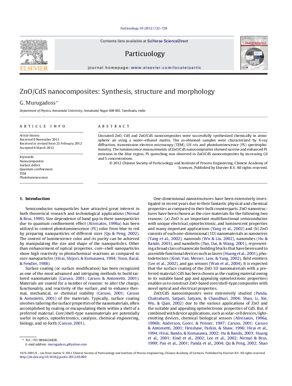 ZnO/CdS nanocomposites: Synthesis, structure and morphology