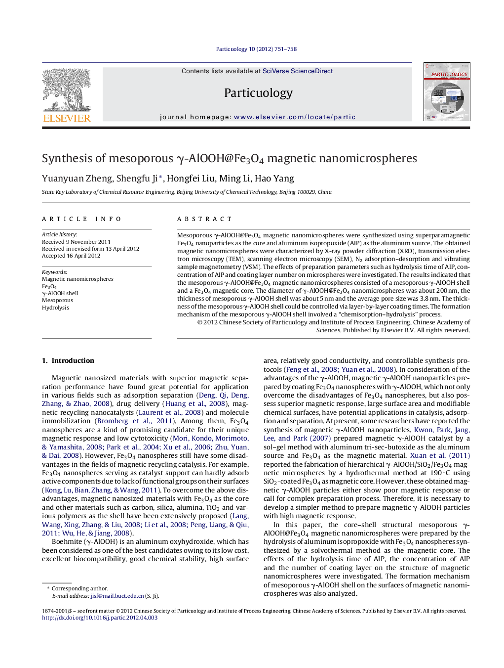 Synthesis of mesoporous Î³-AlOOH@Fe3O4 magnetic nanomicrospheres