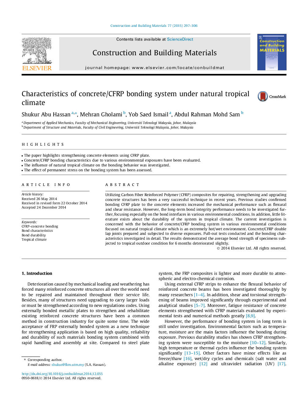 Characteristics of concrete/CFRP bonding system under natural tropical climate