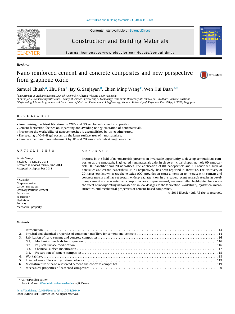 Nano reinforced cement and concrete composites and new perspective from graphene oxide