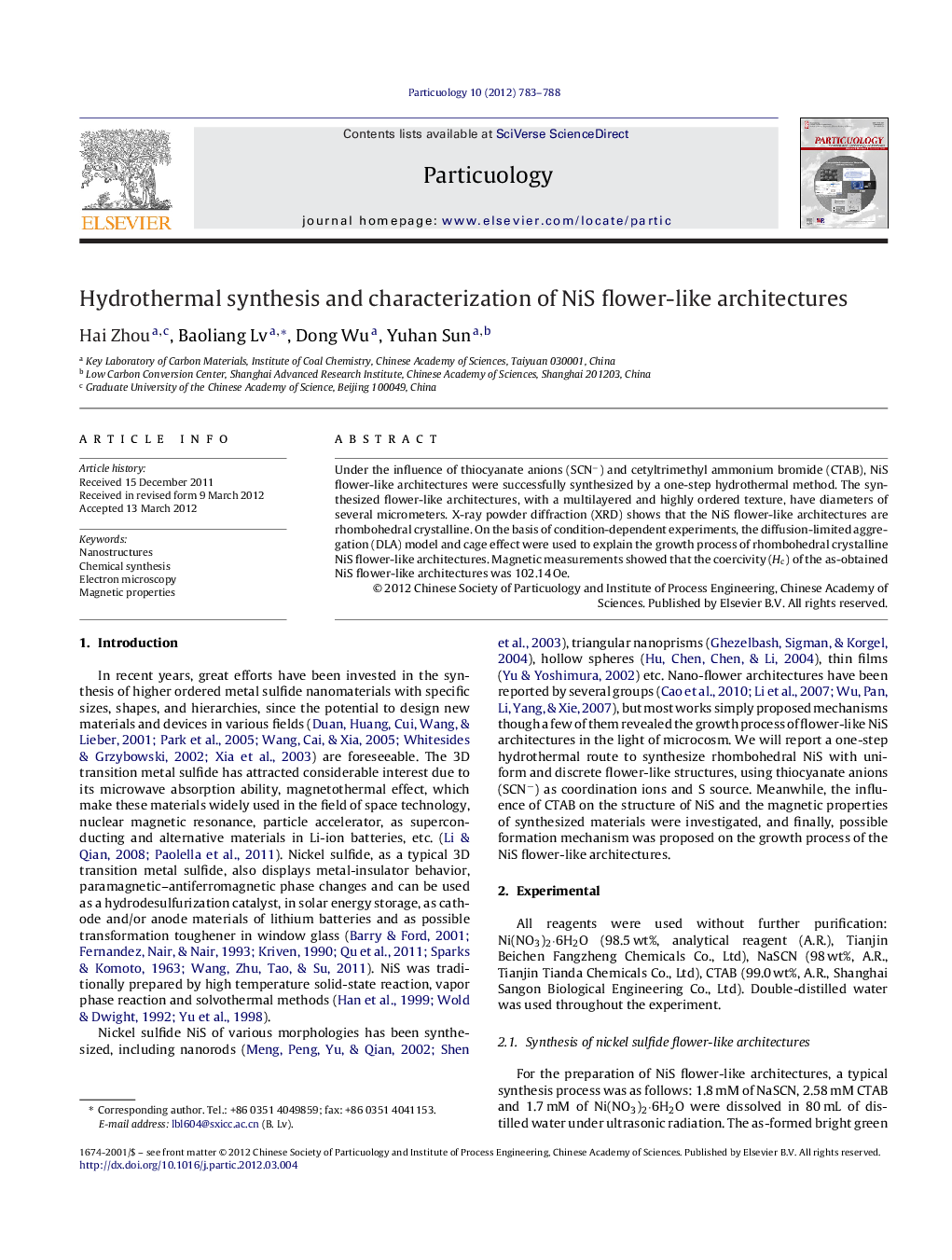 Hydrothermal synthesis and characterization of NiS flower-like architectures