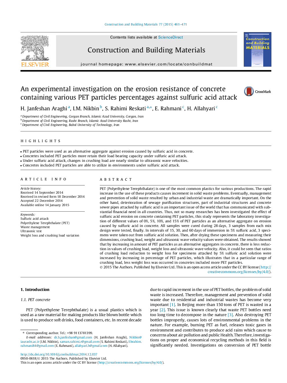 An experimental investigation on the erosion resistance of concrete containing various PET particles percentages against sulfuric acid attack