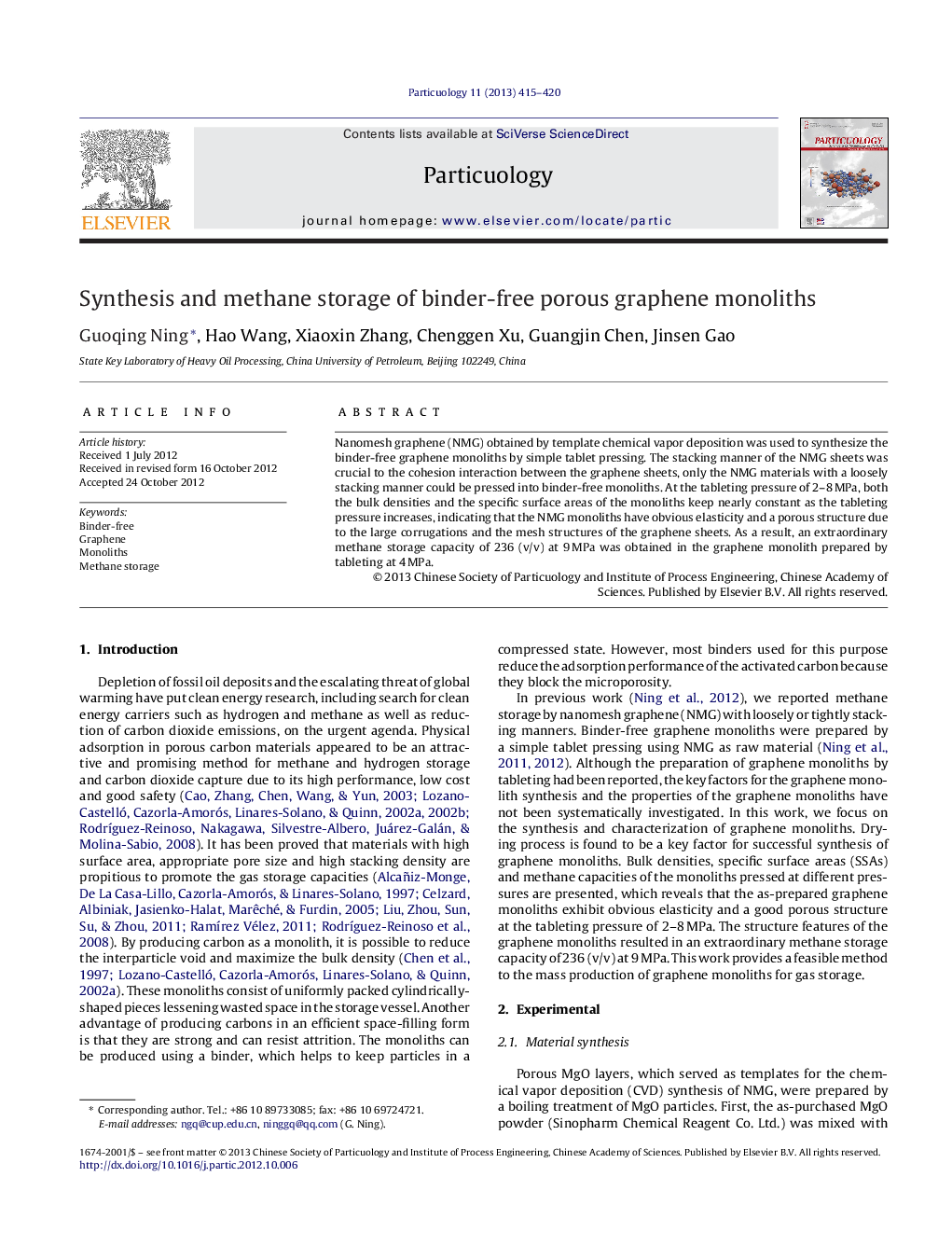 Synthesis and methane storage of binder-free porous graphene monoliths