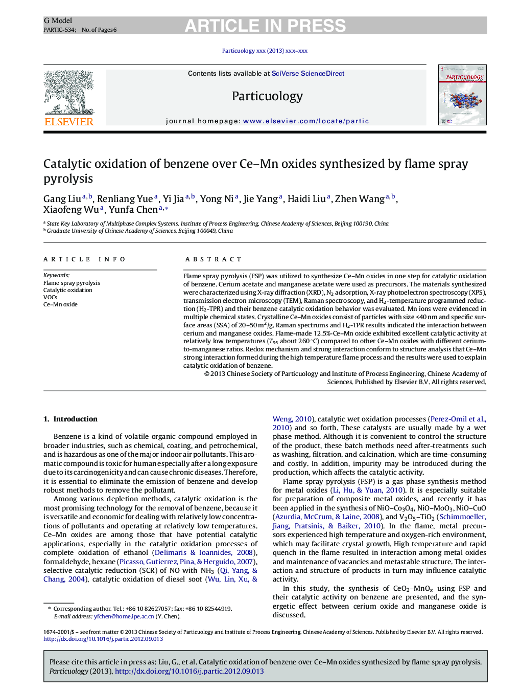 Catalytic oxidation of benzene over Ce-Mn oxides synthesized by flame spray pyrolysis