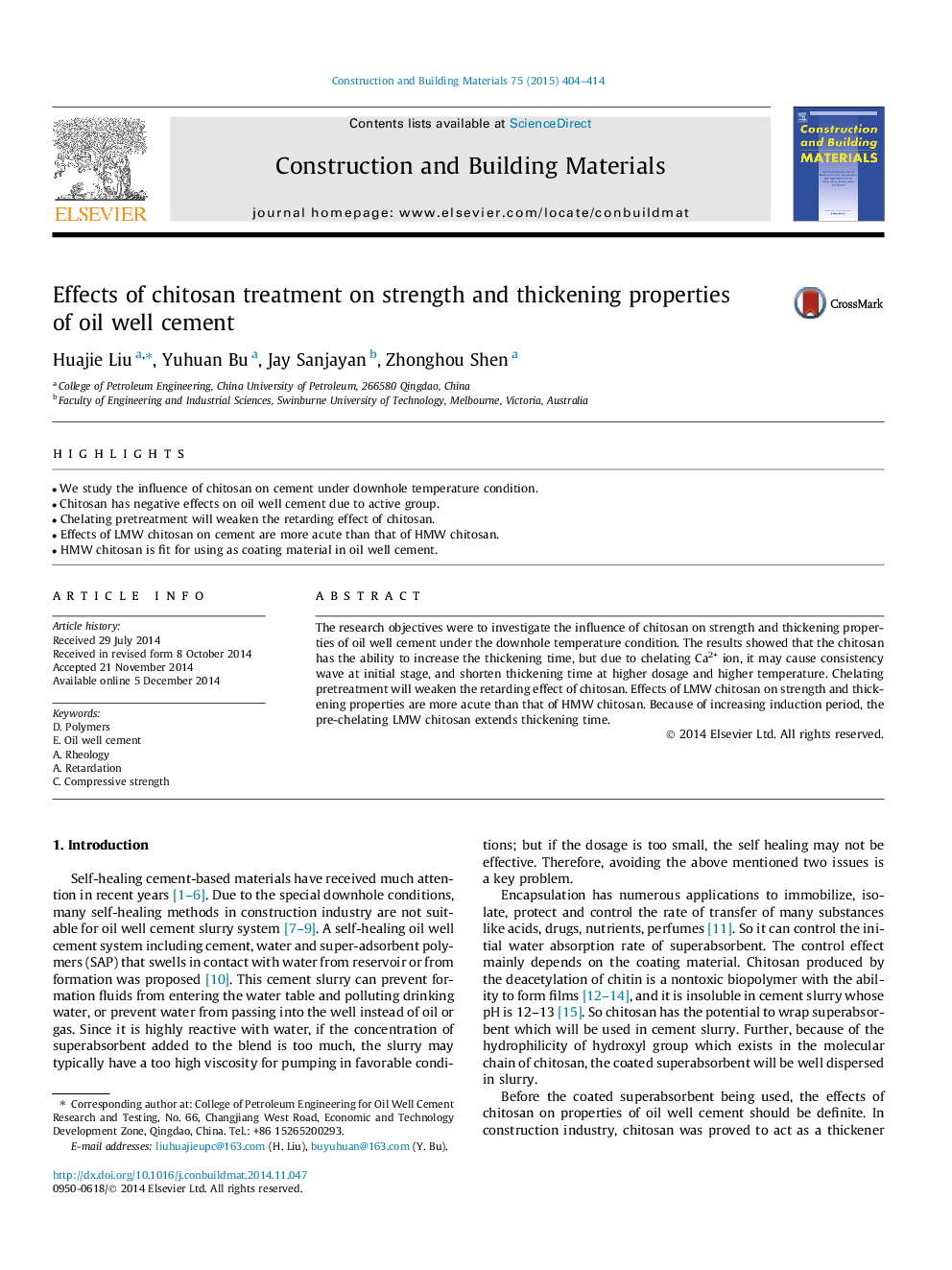 Effects of chitosan treatment on strength and thickening properties of oil well cement