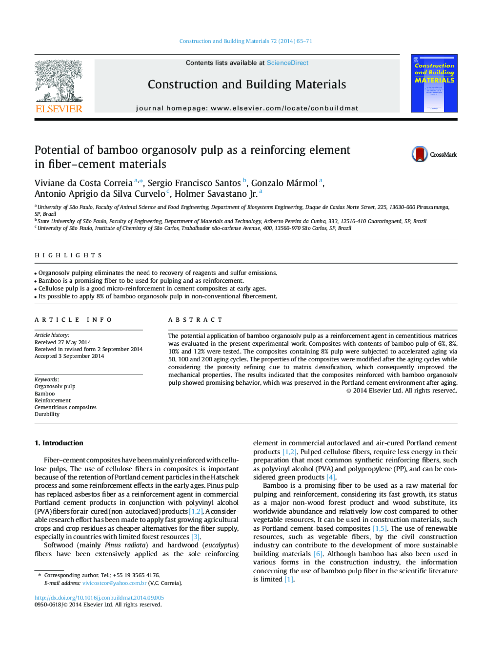 Potential of bamboo organosolv pulp as a reinforcing element in fiber-cement materials